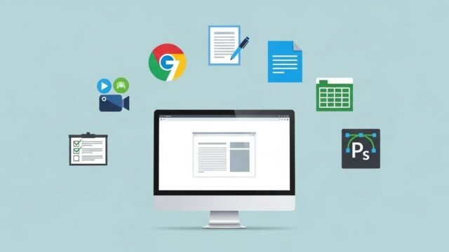 Computer screen surrounded by digital icons and applications des