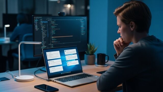 Person coding on laptop with multiple notifications and large mo