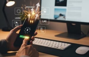 Android Phone Slow? How to Make Your Android Faster in 5 Minutes (2026) Person using smartphone to boost performance with digital interf