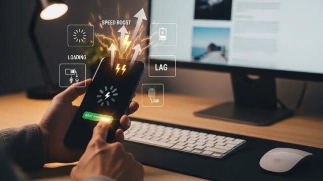 Android Phone Slow? How to Make Your Android Faster in 5 Minutes (2026) Person using smartphone to boost performance with digital interf